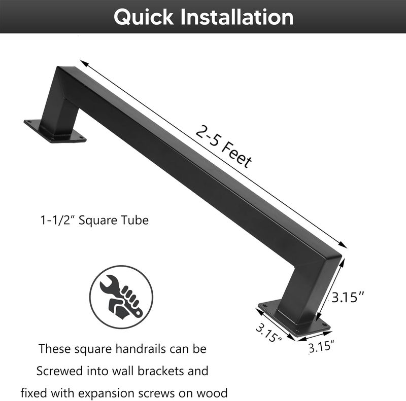 Senmit 4.5 Feet Square Tube Handrail, Wall Mount Industrial Modern Staircase Handrail for Indoor Outdoor Steps, 600lbs Load Capacity, Metal Non-Slip Grab Handle for Stairs Loft Porch, Matte Black - Image 2